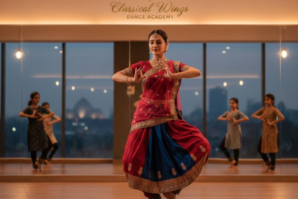 Kathak dance classes in North West Delhi showing traditional Kathak dancer in classical costume performing graceful mudra at Classical Wings Dance Academy studio